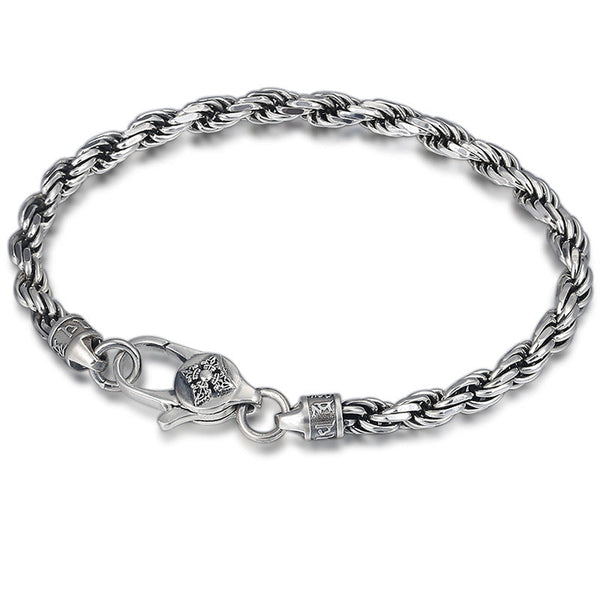 Silver Rope Chain Bracelet – full woven chain with engraved clasp on white background, men's silver jewelry