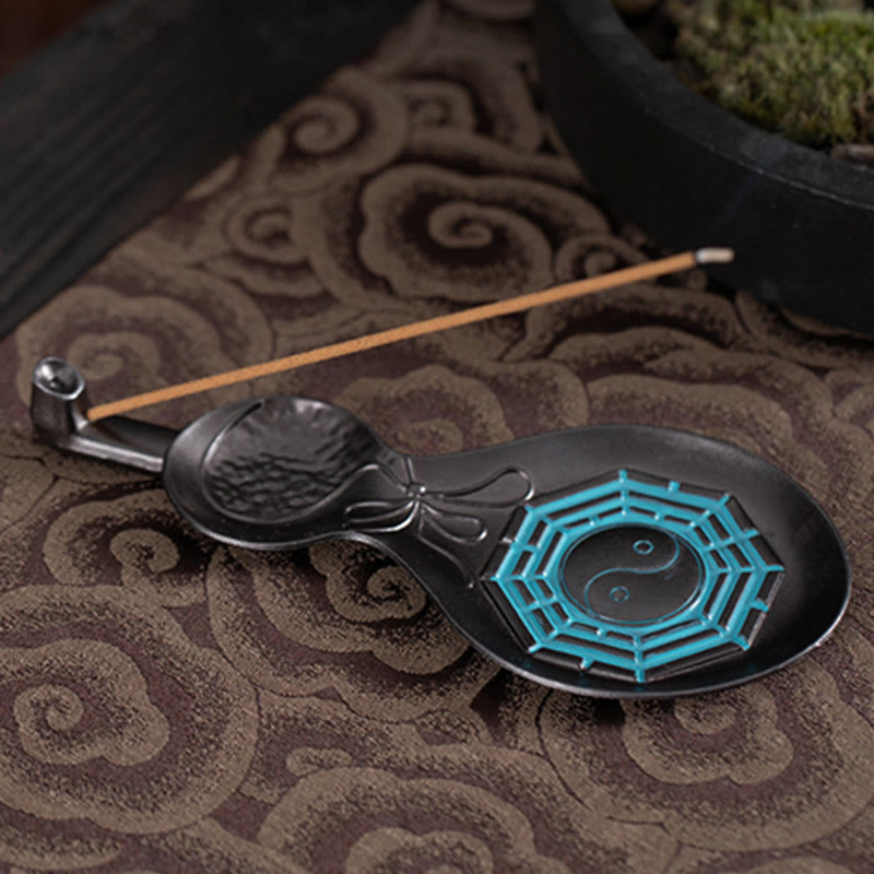 Gourd Yin Yang Bagua Incense Burner – Black gourd with cyan Bagua on cloud fabric with moss accent, copper burner