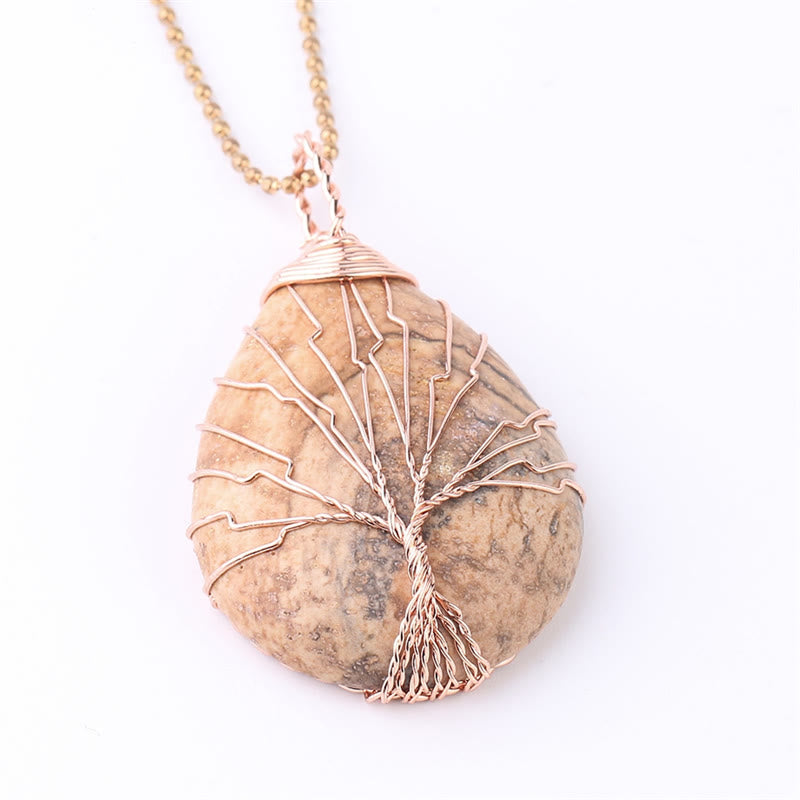 Quartz Crystal Tree of Life Necklace – picture jasper beige pendant, rose gold wire, three-quarter, grounding