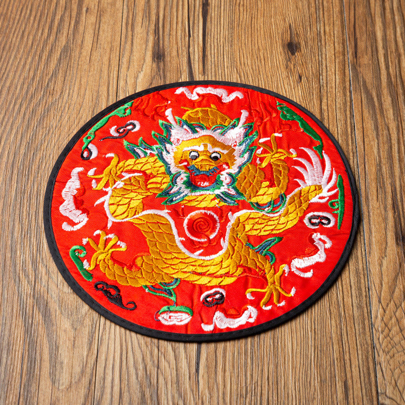 Dragon Embroidery Tea Cup Coaster Mat - bright red base front-facing dragon, symmetrical claws extended, auspicious