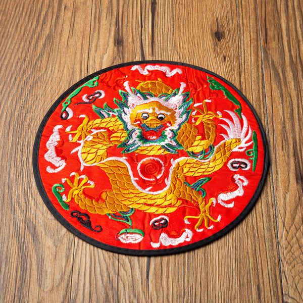 Dragon Embroidery Tea Cup Coaster Mat - bright red base front-facing dragon, symmetrical claws extended, auspicious