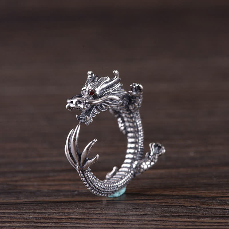 925 Sterling Silver Dragon Ring – Upright dragon head with red eyes and coiled scaled body on brown wood, Powerful