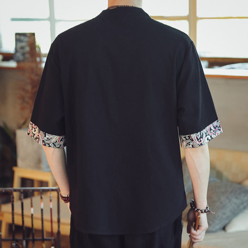 Dragon Embroidery Frog-Button Linen Tang Suit Shirt - Black back with colorful cuff embroidery, edgy