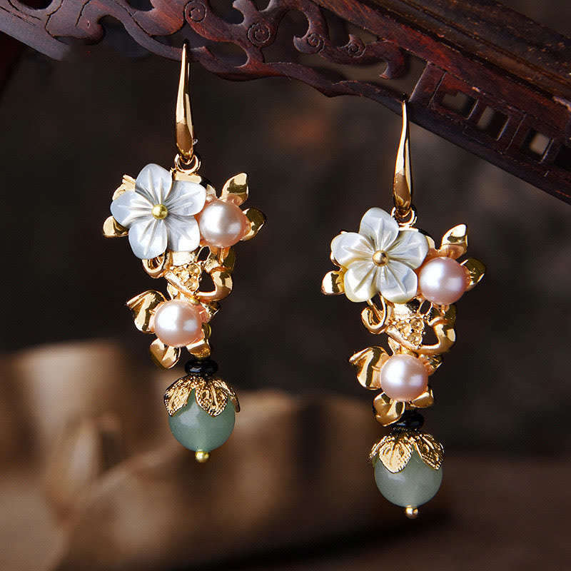 14K Gold Tridacna Pearl Aventurine Drop Earrings – Gray Tridacna Stone Flower Pearl Light Green Bead, front view, earring ...