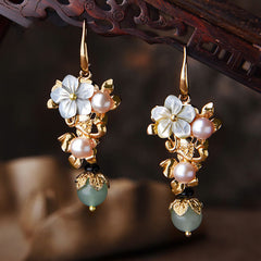 14K Gold Tridacna Pearl Aventurine Drop Earrings – Gray Tridacna Stone Flower Pearl Light Green Bead, front view, earring ...