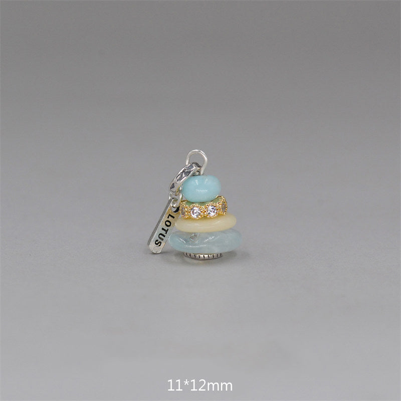 Zen Cairn Crystal Pendant – light blue gold crystal ring cream bead LOTUS charm, 11x12mm pastel pendant