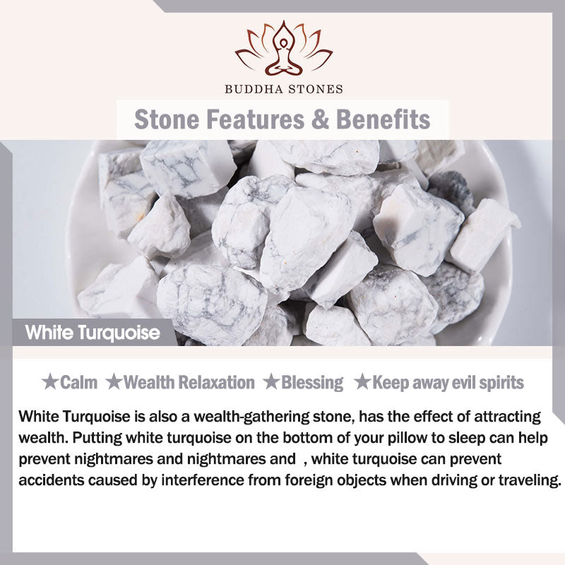 White Turquoise gemstone information card showing white stones with gray matrix veining and calming benefits for Tree of Life bracelet.