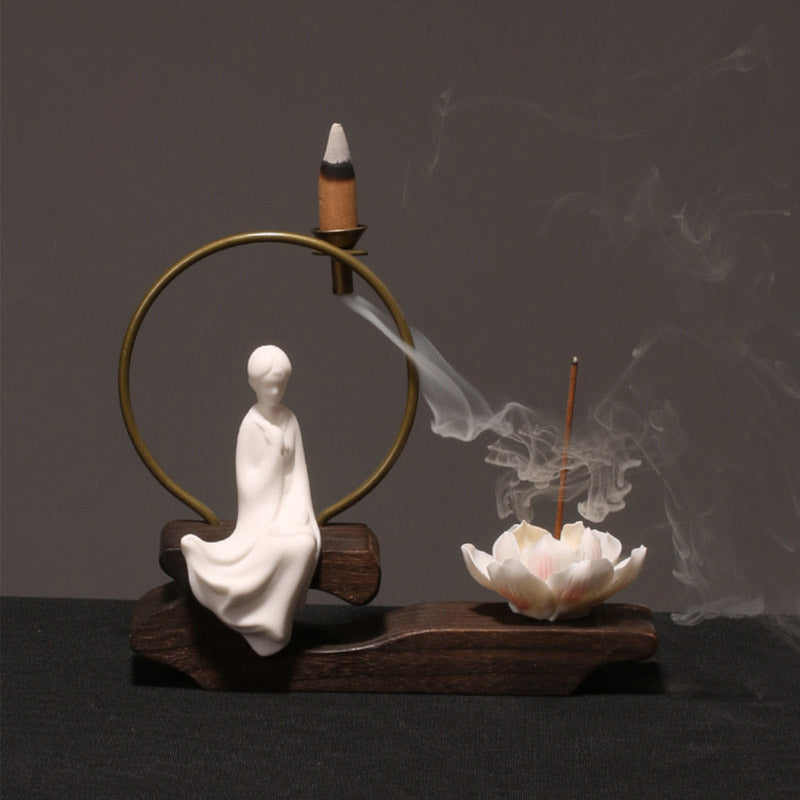 Ceramic Lotus Incense Burner – white side angle, brass ring, lotus stick, soft shadow, tranquil
