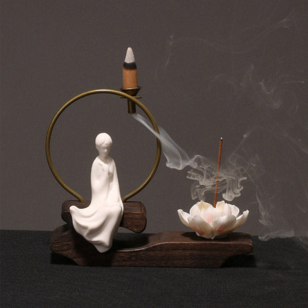 Ceramic Lotus Incense Burner – white side angle, brass ring, lotus stick, soft shadow, tranquil