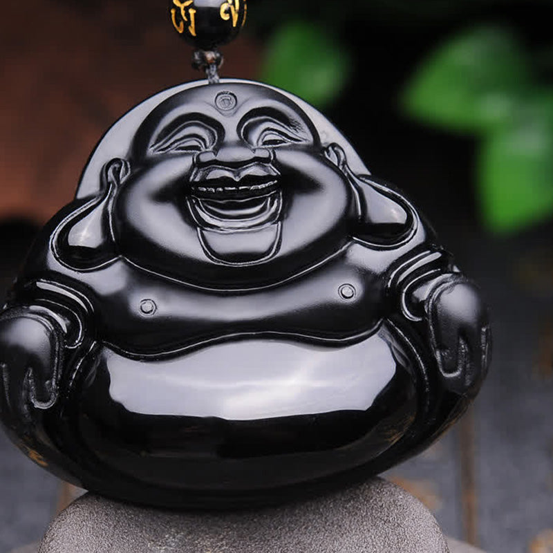 Black Obsidian Laughing Buddha Pendant – front close-up of glossy carved obsidian with golden bead, transformation and joy