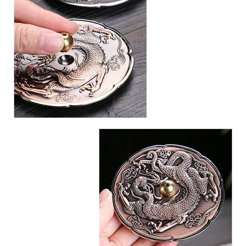 Round Dragon Copper Incense Burner - Two-panel showing assembly and finished piece in hand, meditation tool