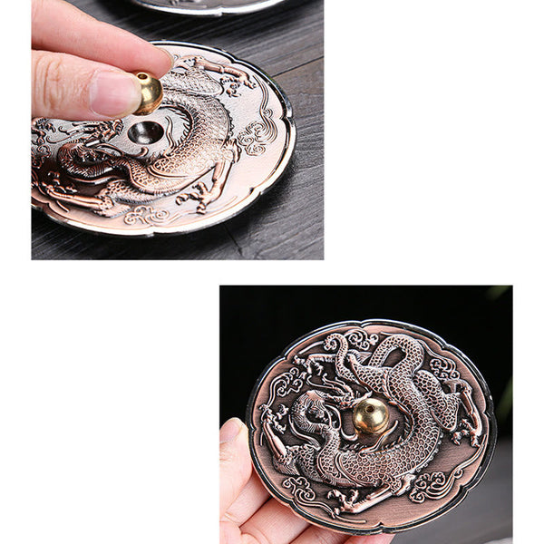 Round Dragon Copper Incense Burner - Two-panel showing assembly and finished piece in hand, meditation tool