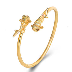 Double Koi Fish Copper Prosperity Bracelet – front view, twin koi design, copper band