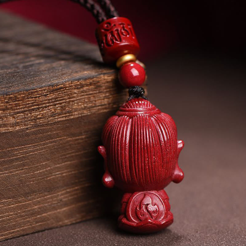 Chinese Zodiac Cinnabar Pendant – Detailed carving with lotus base and mantra bead, talisman necklace