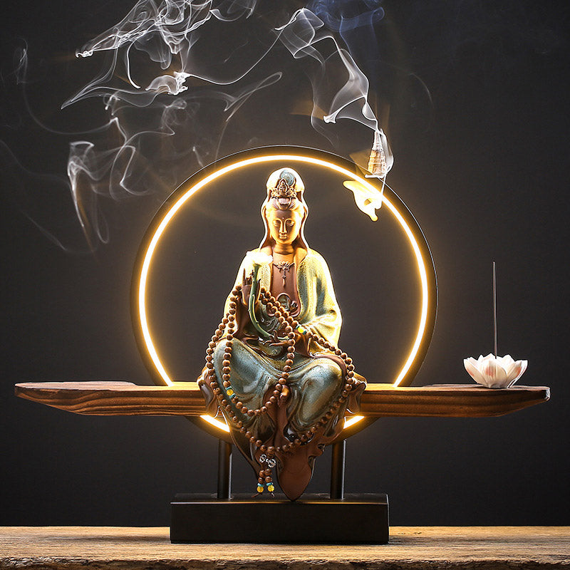 Buddha Avalokitesvara Ceramic Lotus Relaxation Incense Burner – Lotus ceramic Guanyin burner, mindful meditation accessory