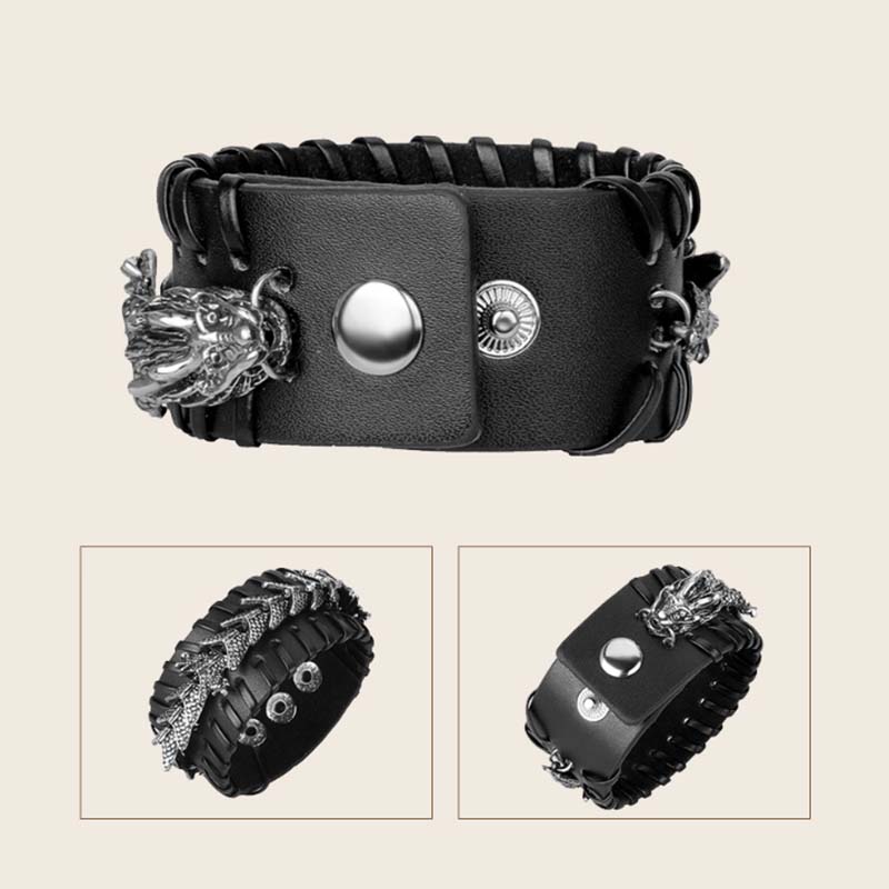 Dragon Leather Weave Protection Bracelet – black leather dragon cuff triple-view with laced edges, bold