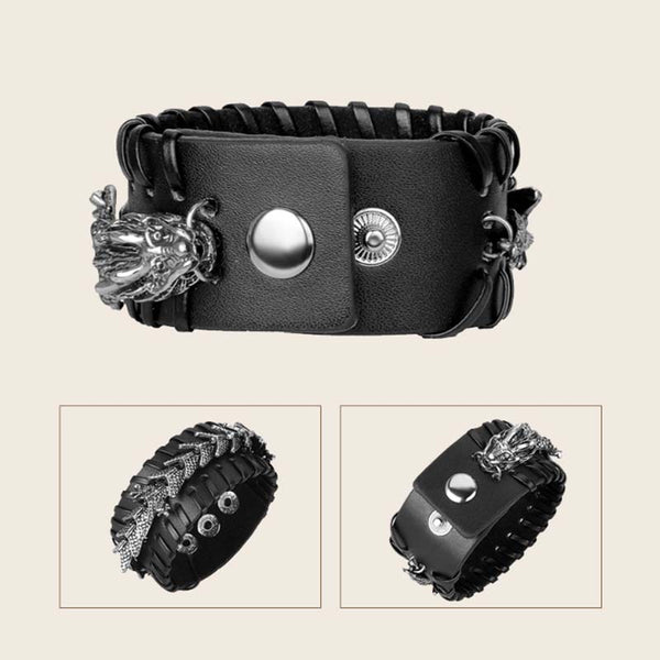 Dragon Leather Weave Protection Bracelet – black leather dragon cuff triple-view with laced edges, bold