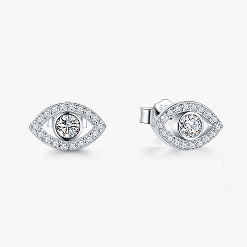 925 Sterling Silver Evil Eye Stud Earrings with Clear CZ Pavé and 925 Stamp, Front & Side