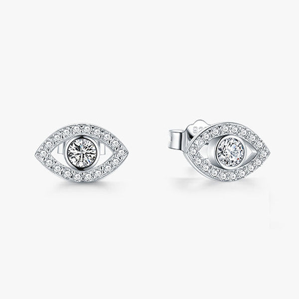 925 Sterling Silver Evil Eye Stud Earrings with Clear CZ Pavé and 925 Stamp, Front & Side