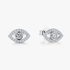 925 Sterling Silver Evil Eye Stud Earrings with Clear CZ Pavé and 925 Stamp, Front & Side