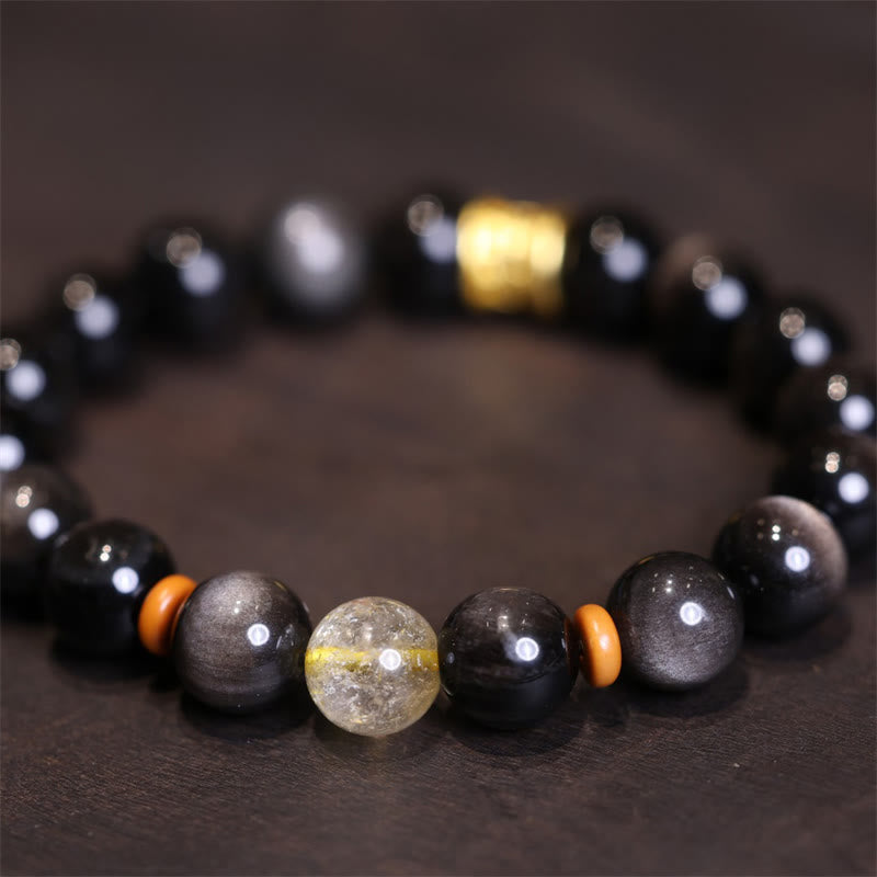 Silver Sheen Obsidian Mantra Bracelet – macro detail of silver sheen obsidian beads, men’s meditation bracelet