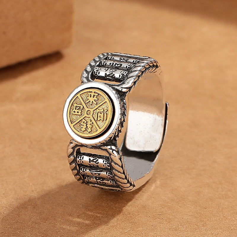 Om Mani Padme Hum Copper Ring – Gold coin medallion with rope-twist band, copper ring