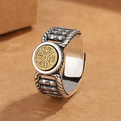 Om Mani Padme Hum Copper Ring – Gold coin medallion with rope-twist band, copper ring
