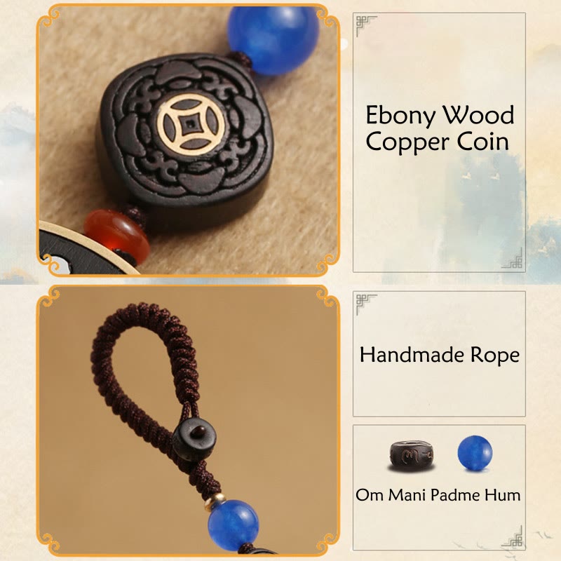 PiXiu Coin Keychain – Ebony copper coin bead, handmade rope and blue bead material detail