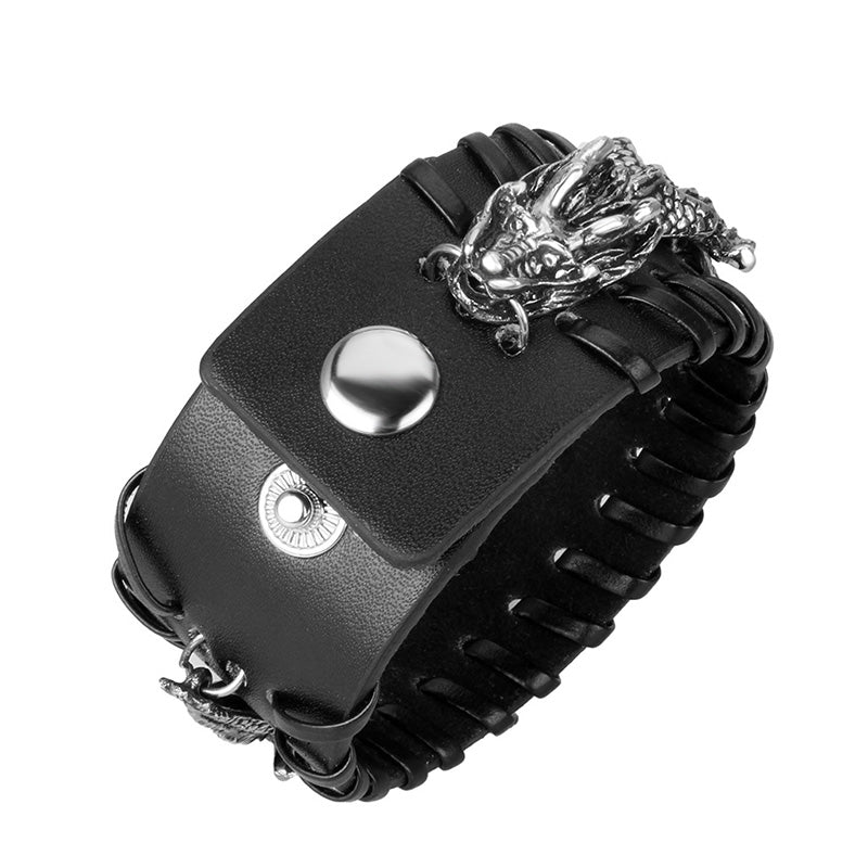 Dragon Leather Weave Protection Bracelet – black leather dragon head and tail cuffs with snap closure, fierce
