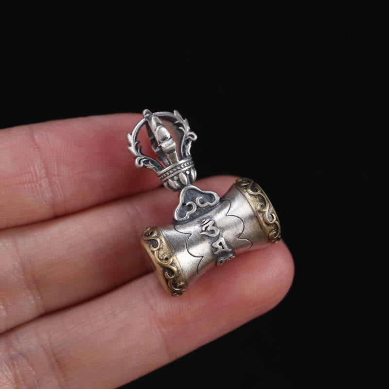 925 Silver Dorje Bell Pendant – Hand-held prayer wheel showing engraved mantra and gold filigree