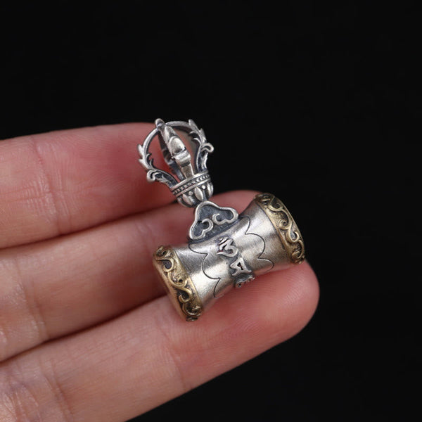 925 Silver Dorje Bell Pendant – Hand-held prayer wheel showing engraved mantra and gold filigree