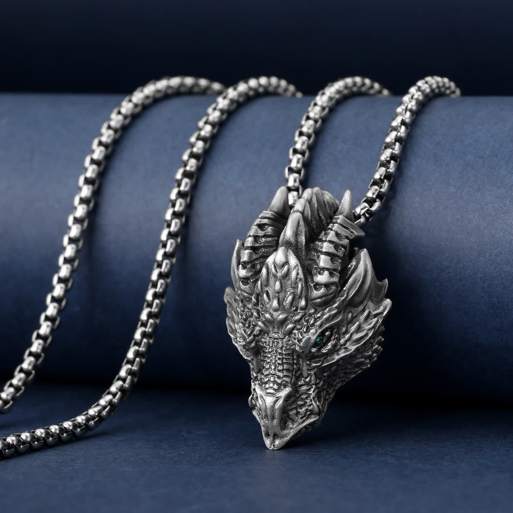 Pure Tin Dragon Head Necklace - Dragon head with green eye on navy velvet, box chain, lucky charm