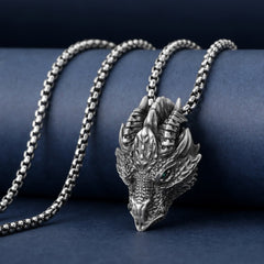 Pure Tin Dragon Head Necklace - Dragon head with green eye on navy velvet, box chain, lucky charm