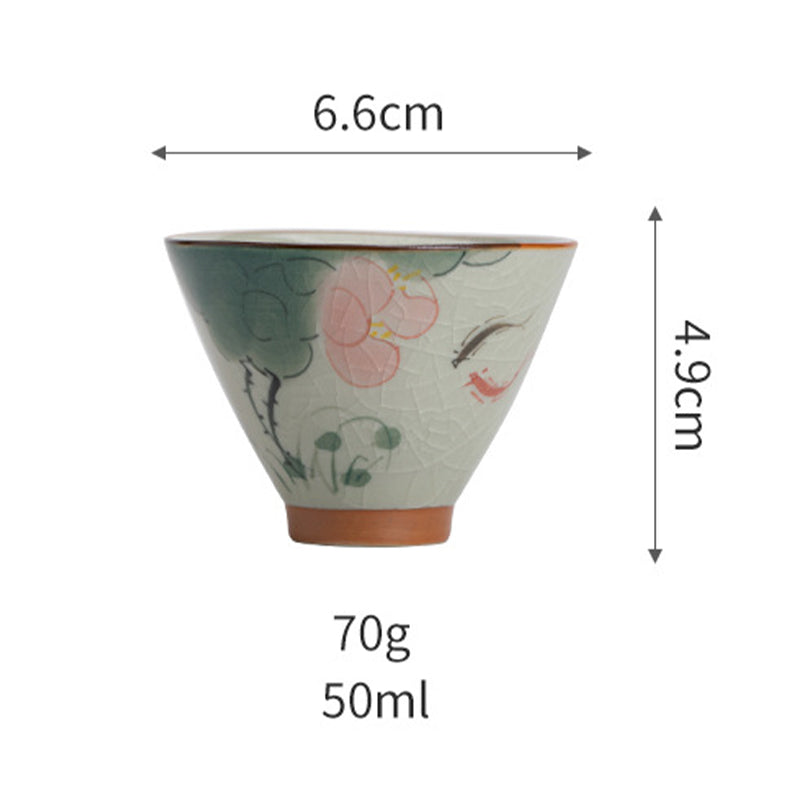 Persimmon Koi Fish Cup – natural light showing texture of koi painting, tea cup