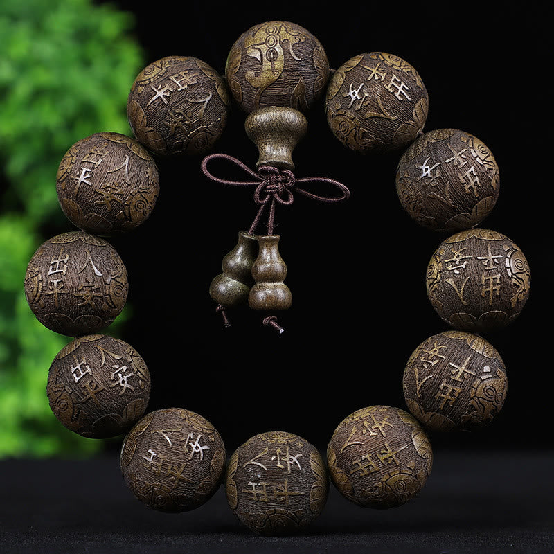 Chinese Zodiac Rosewood Ebony PiXiu Set – green sandalwood zodiac buddha bracelet, mixed carved pattern wood beads