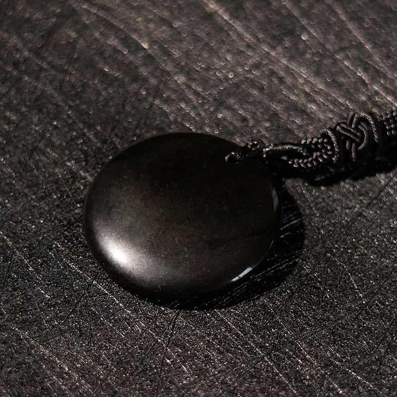 Yin Yang Crystal Necklace – Polished black obsidian oval pendant with smooth glossy surface on knotted black macrame cord, na