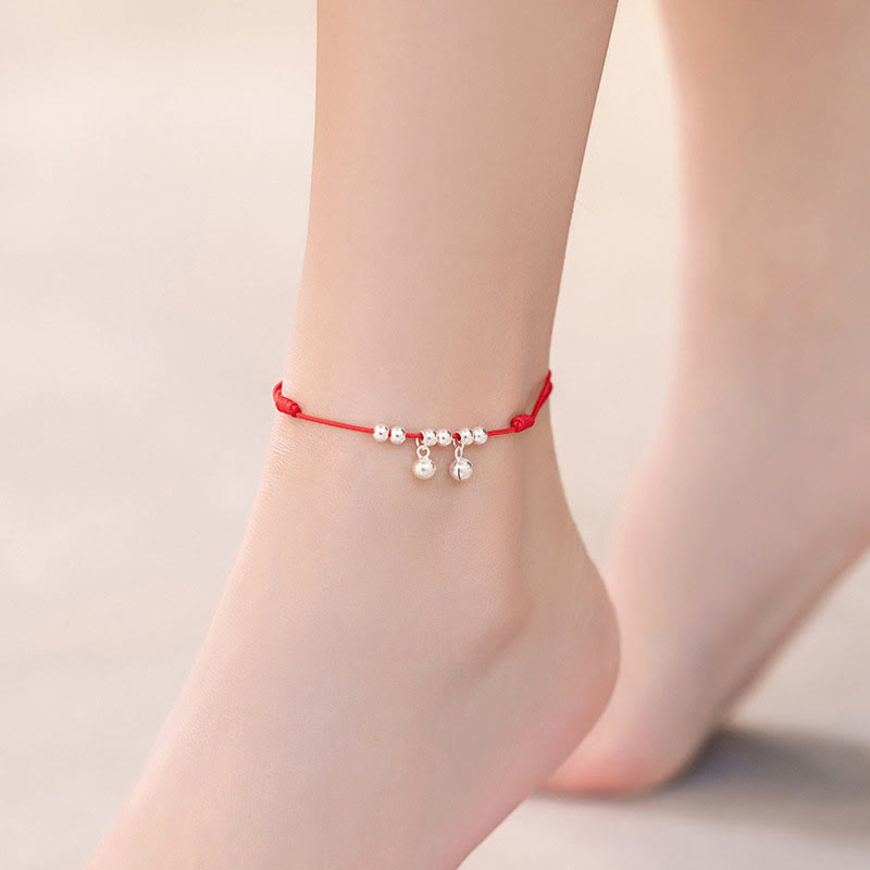 925 Sterling Silver Red String Bell Charm Anklet, image 6