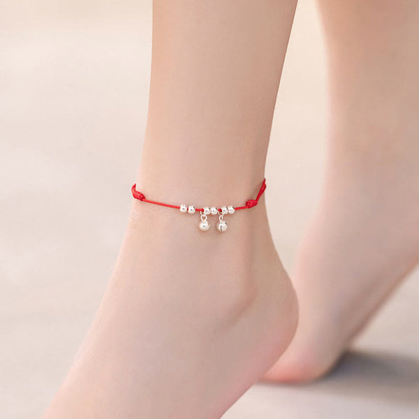 925 Sterling Silver Red String Bell Charm Anklet, image 6