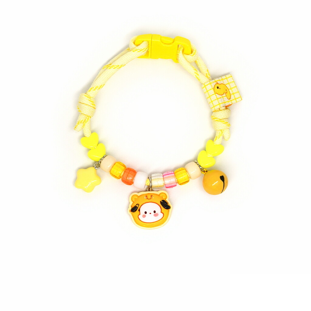 Lightweight Pet Collar – Yellow-white rope with bear hood face, star & gold bell, kawaii necklace