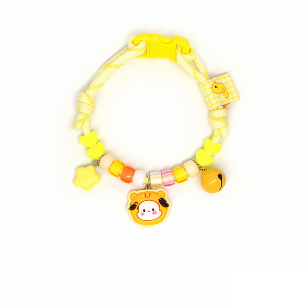 Lightweight Pet Collar – Yellow-white rope with bear hood face, star & gold bell, kawaii necklace