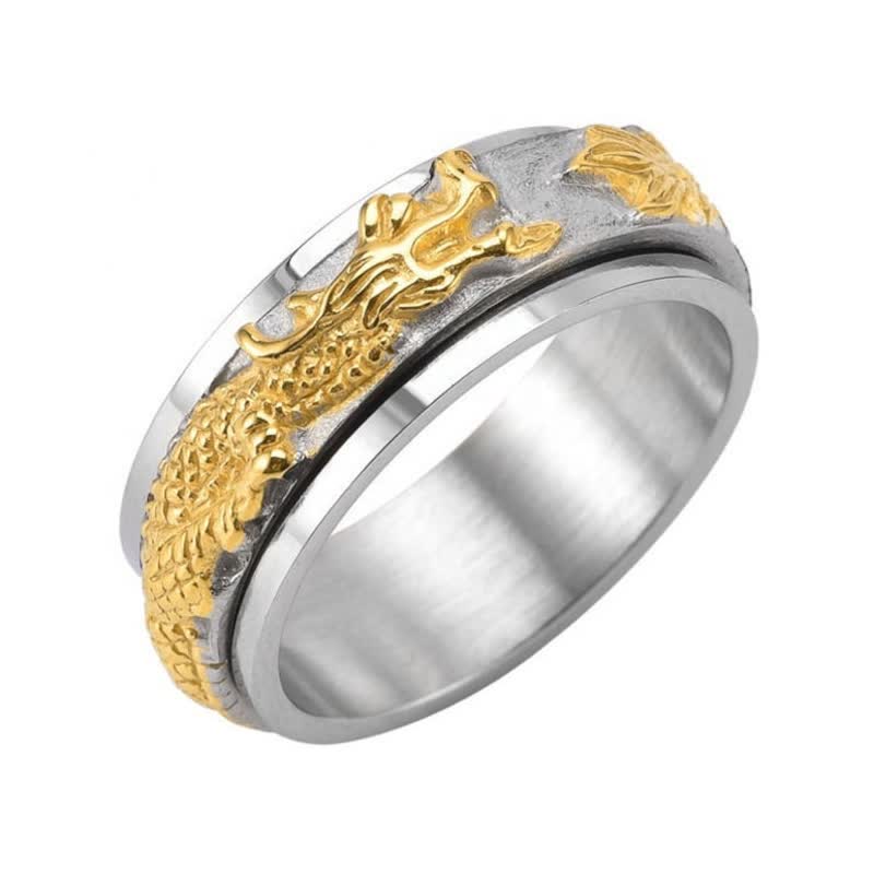 Dragon Titanium Steel Ring – Silver-gold dragon spinner detail on white, strength