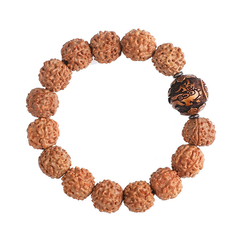 Rudraksha PiXiu Bracelet – Isolated on white background, round layout, product photography