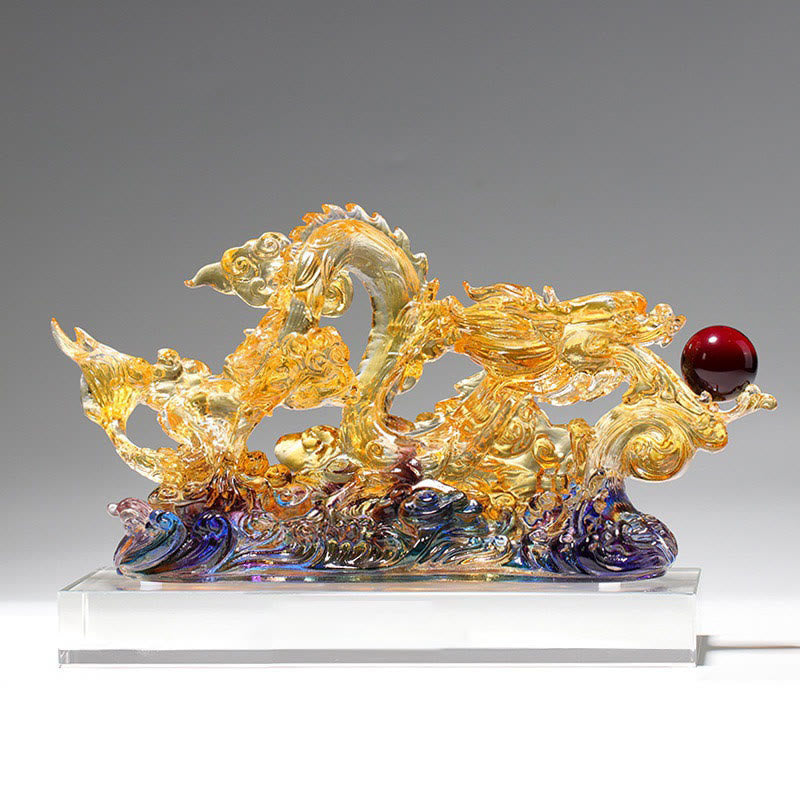 Handmade Dragon Liuli Crystal Art Piece - left profile, golden dragon chasing crimson pearl, handmade