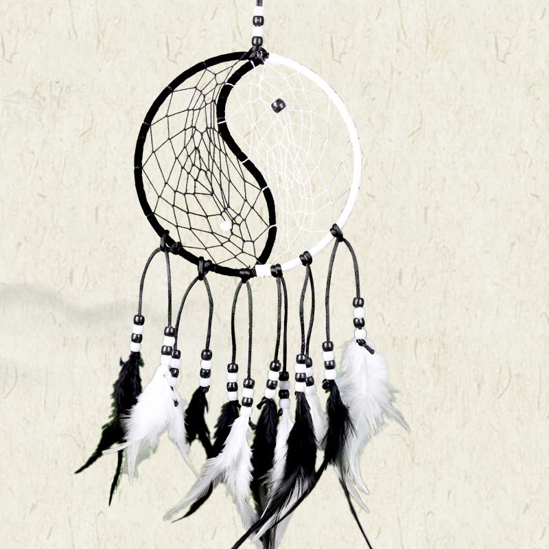 Yin Yang Dream Catcher with Feathers – Beaded cord with leather strands and feathers, zen decor