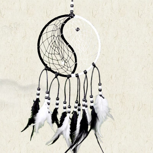Yin Yang Dream Catcher with Feathers – Beaded cord with leather strands and feathers, zen decor