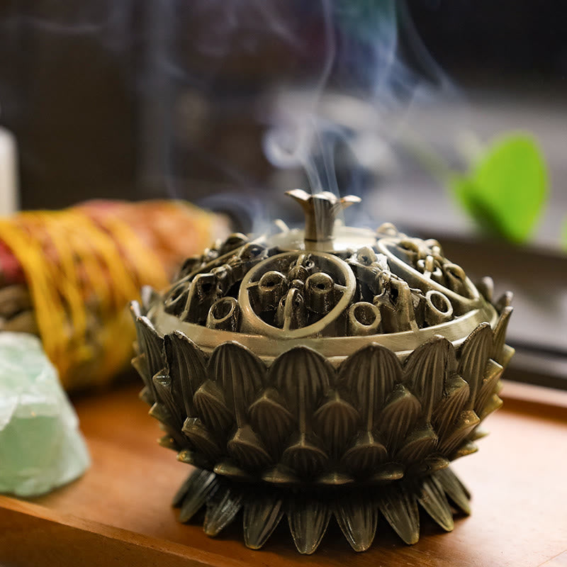Lotus Incense Burner with rising smoke, antique bronze censer on wooden tray, spiritual