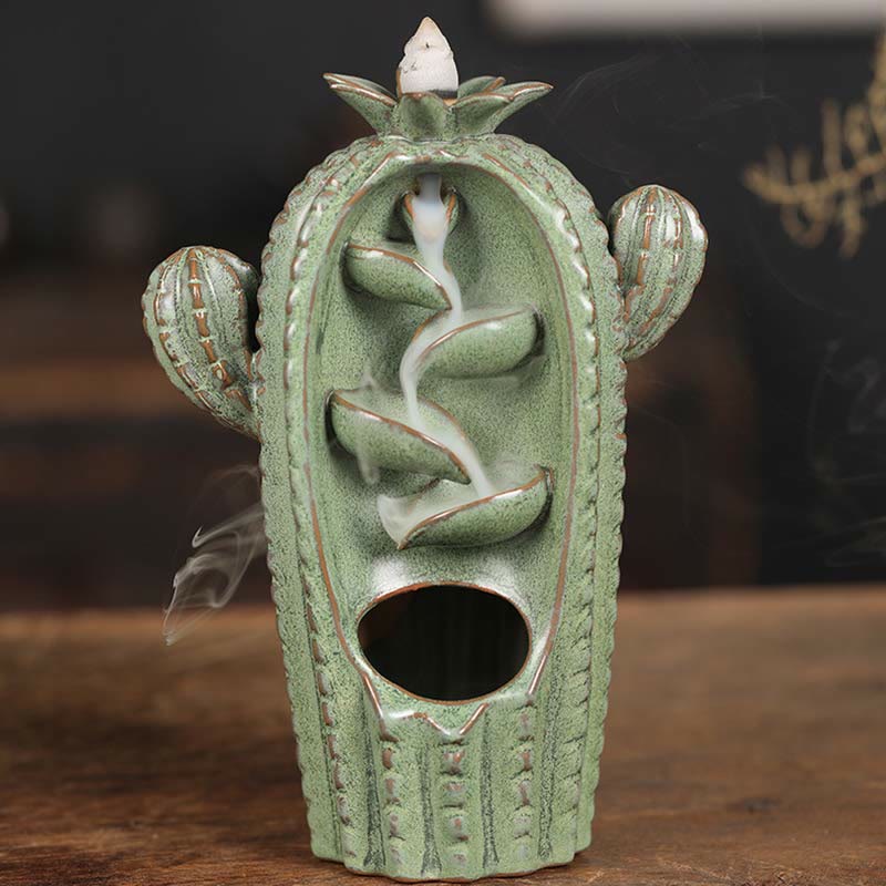 Cactus Backflow Incense Burner – sage green cactus with smoke waterfall, backflow incense holder