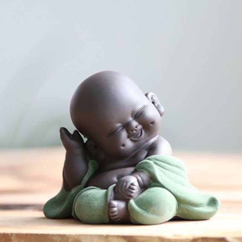 Laughing Buddha Purple Clay Maitreya Statue – four-pose grid showing reclining arms-raised and lounging figures with dimension specs, lifestyle collection display