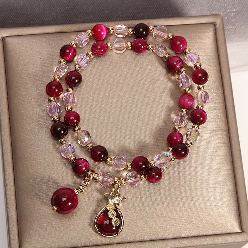 Tiger Eye Pixiu Fox Money Bag Bracelet - double-strand red tiger eye bracelet with gold fortune money bag charm and tiger eye dangle bead, champagne crystal spacers, prosperity feng shui jewelry in gift box