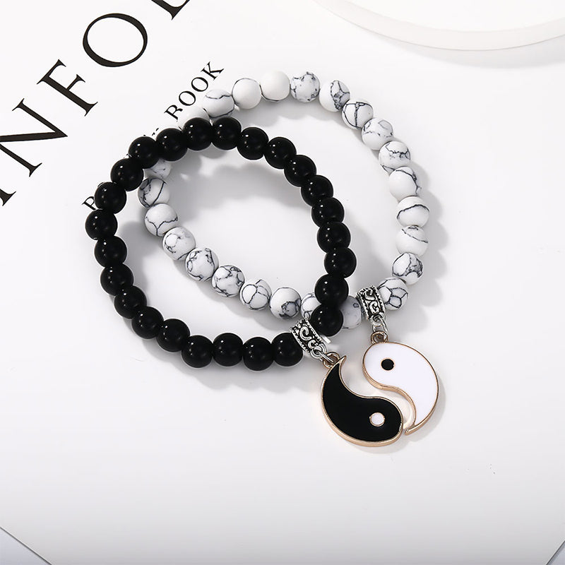 Yin Yang Protection Couple Bracelet - Black and white stone bead couple bracelets with silver yin-yang charms, handmade fr...